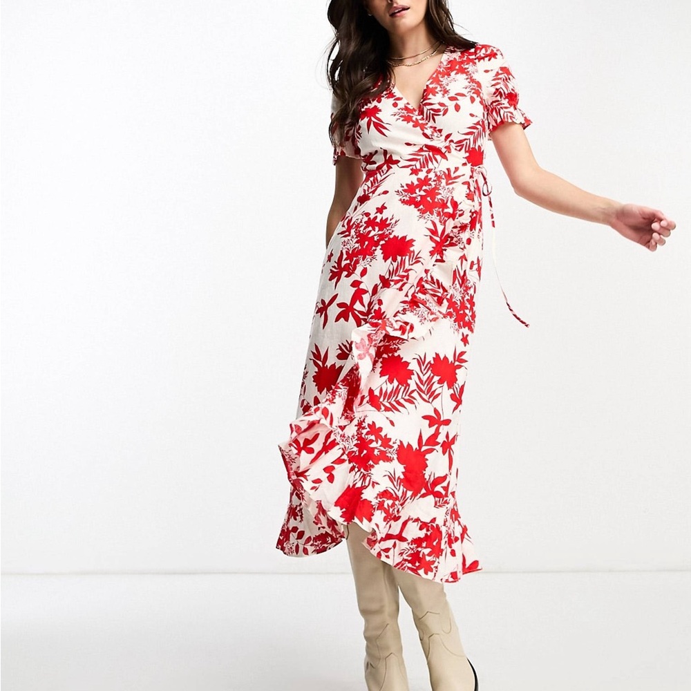 New ~ & Other Stories linen wrap midaxi dress in red floral Size 12